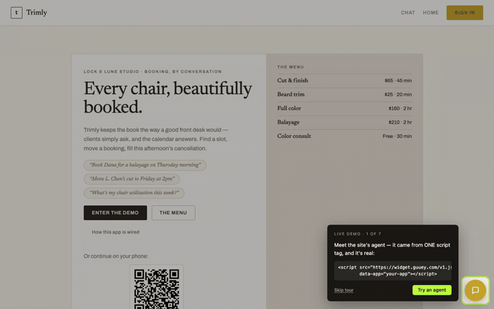 The Trimly landing page for Lock & Lune Studio with its service menu, the chat launcher outlined, and the tour’s first card explaining that the agent came from one script tag