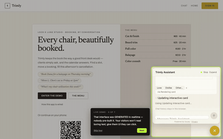 The tour’s fourth card over the landing page and the rendered services card in the widget