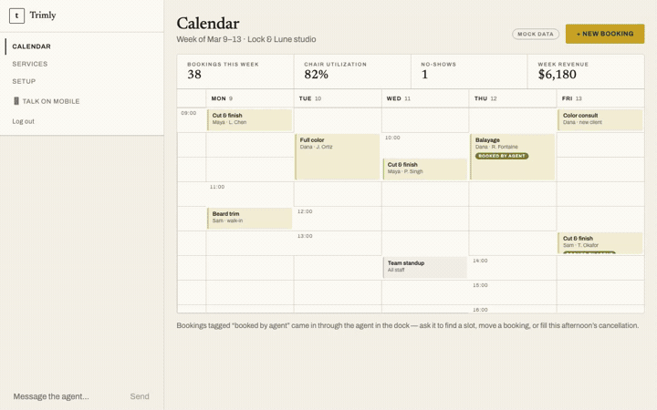 The Trimly calendar page for Lock & Lune studio, a week grid of bookings with some tagged booked by agent, and the agent dock outlined in the sidebar