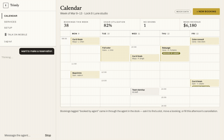 The chat dock sending a reservation request, then the main pane replaced by a canvas titled for Lock & Lune with a Select a Service list and Book Now buttons