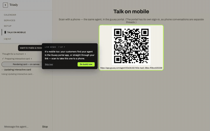 The Talk on mobile page with a QR code and a portal link, the tour’s last card, and the Go build now button